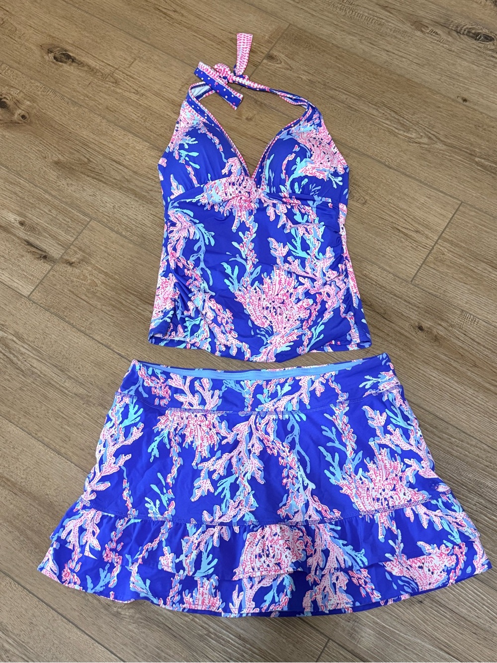 Lilly Pulitzer Blue Pink Coral-Print Swim Skirt